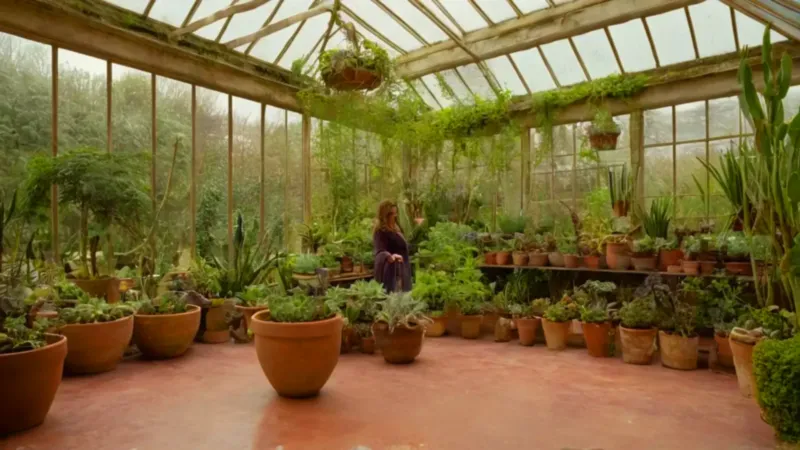 Cuidando plantas en un invernadero luminoso