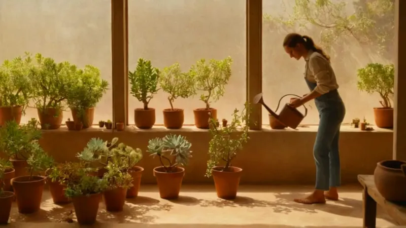 Mujer cuidando plantas en un invernadero luminoso