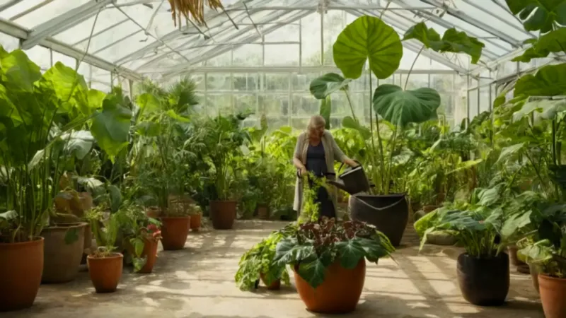Cuidando una planta gigante en un invernadero