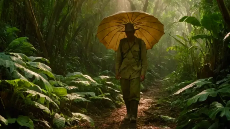 Explorador inmerso en la espesa selva