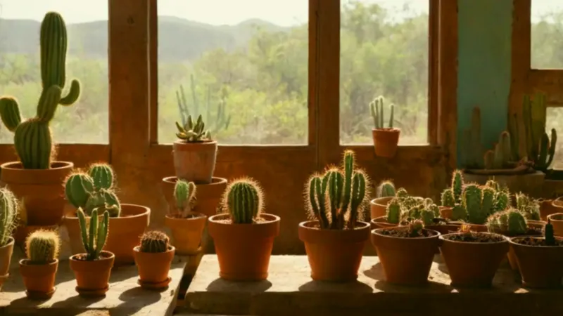 Alguien cuida un cactus en un invernadero