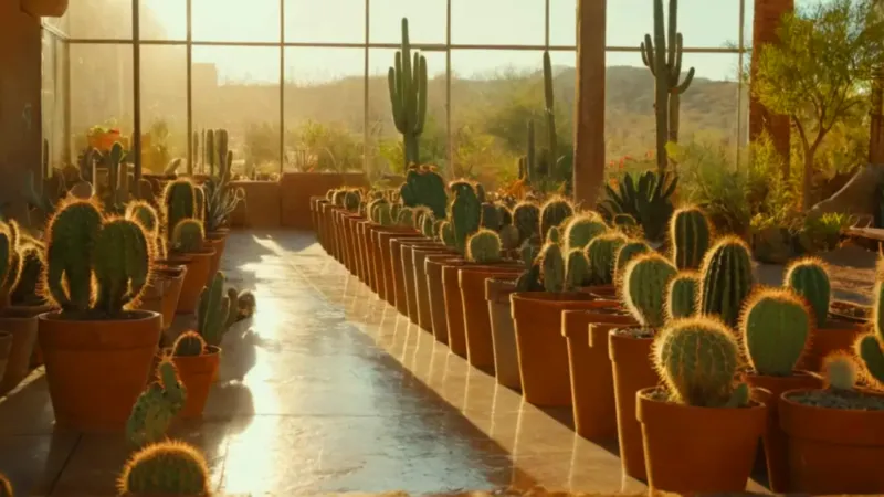 Invernadero de cactus en un atardecer dorado