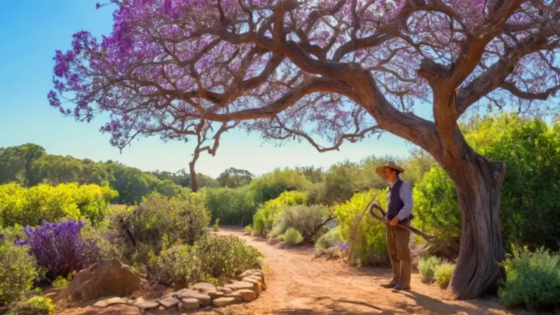 Un jardinero poda un árbol florecido
