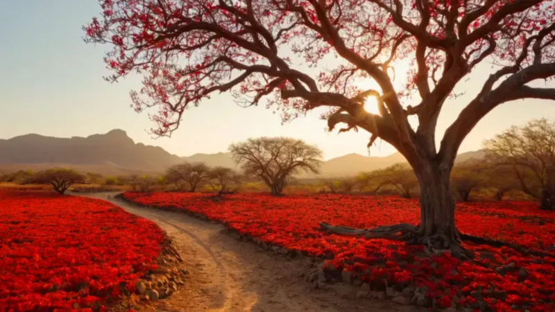 Figura solitaria ante el árbol en flor