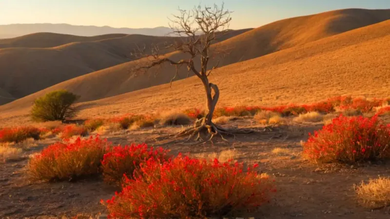 Un árbol rojo en el paisaje solitario