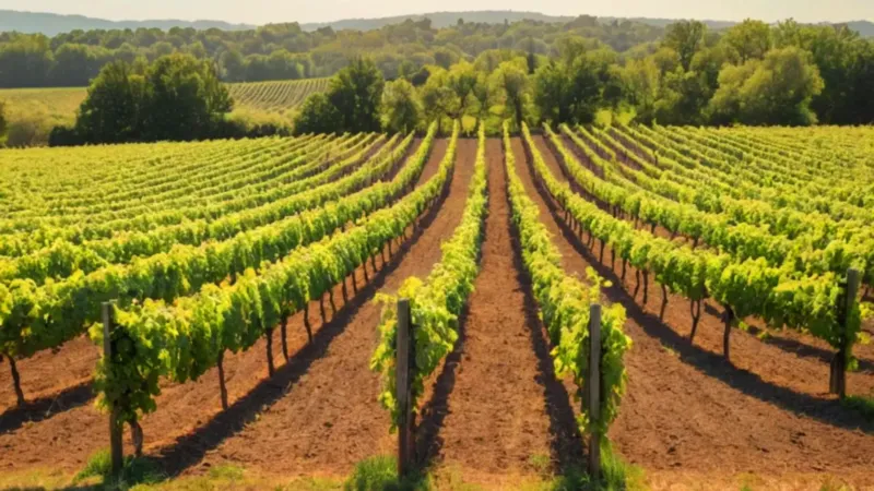 Una persona inspecciona un viñedo soleado