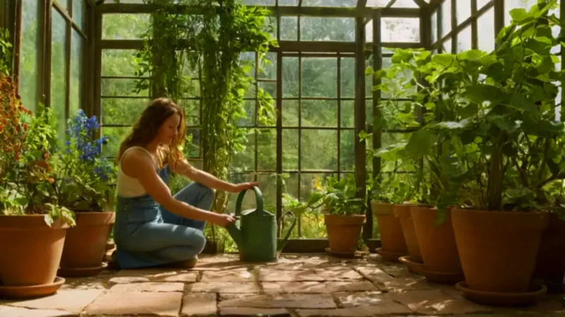 Mujer cuida plantas en un invernadero luminoso