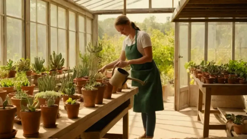 Alguien cuida plantas en un invernadero