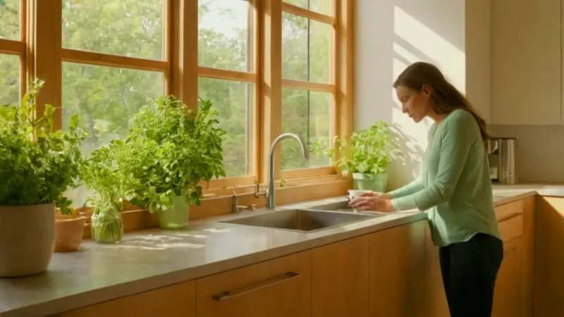 Mujer angustiada en una cocina tranquila
