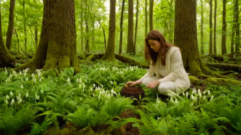 Mujer planta en el bosque frondoso