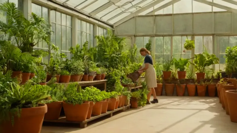 Una persona cuida plantas en un invernadero