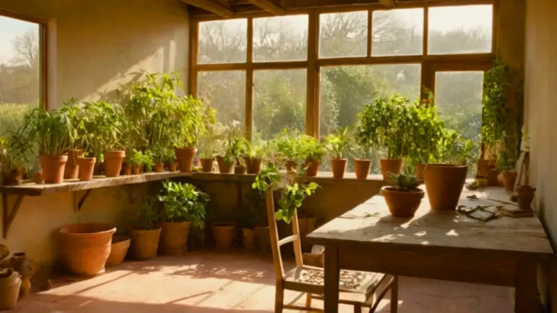 Persona cuidando plantas en un invernadero luminoso