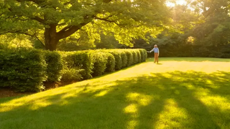 Un jardinero poda un árbol al atardecer