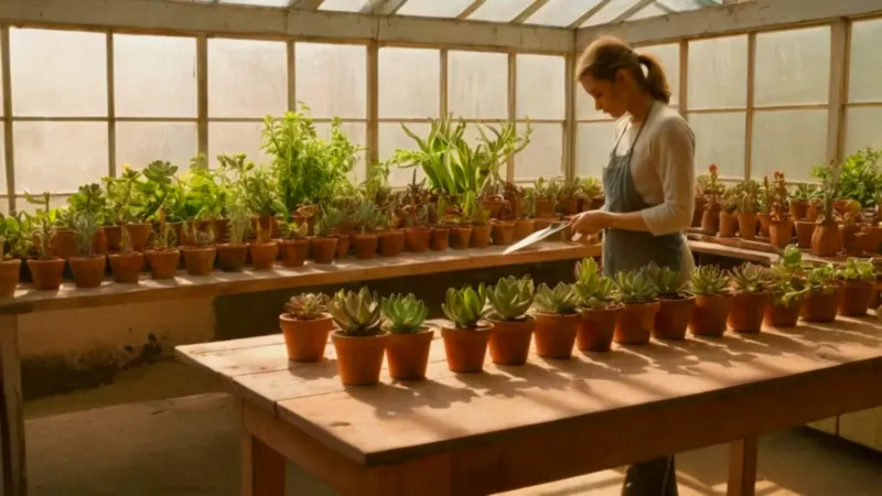 Alguien cuida plantas en un invernadero luminoso