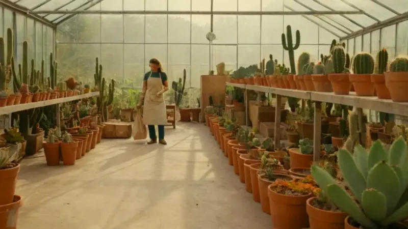 Jardinero cuida suculentas en un invernadero