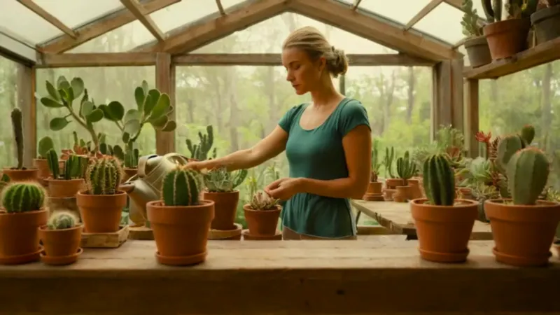 Mujer cuidando plantas en un invernadero