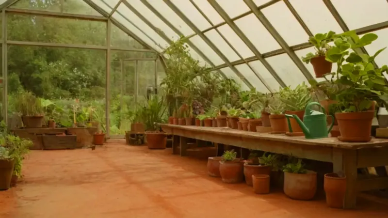 Jardinero trabajando en un invernadero iluminado
