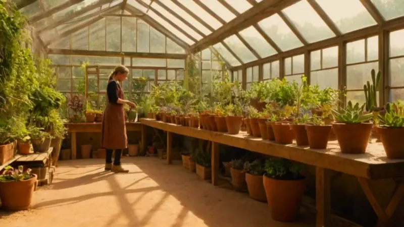 Alguien cuida plantas en un cálido invernadero