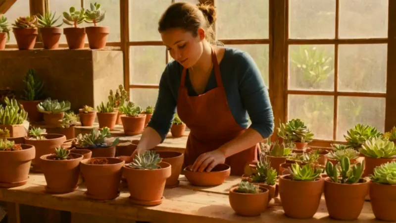 Jardinero plantando una suculenta en invernadero