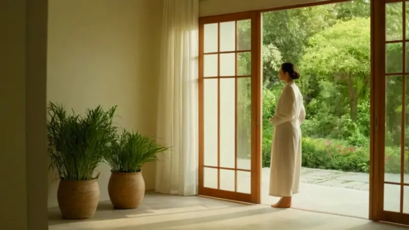 Una mujer contempla el sereno jardín