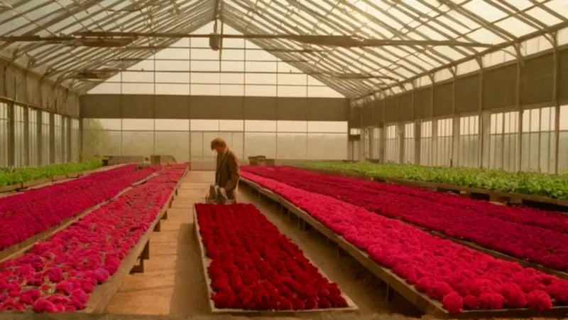 Jardinero trabaja en un luminoso invernadero