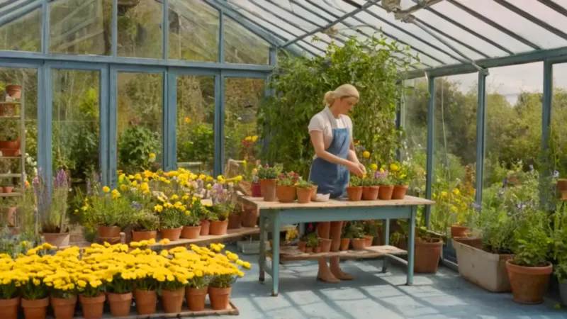 Mujer cuidando flores en un invernadero luminoso