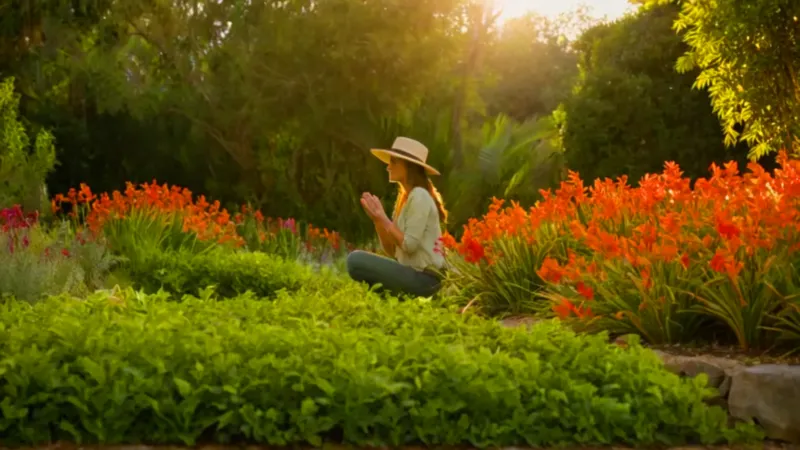 Persona cuidando su jardín al atardecer