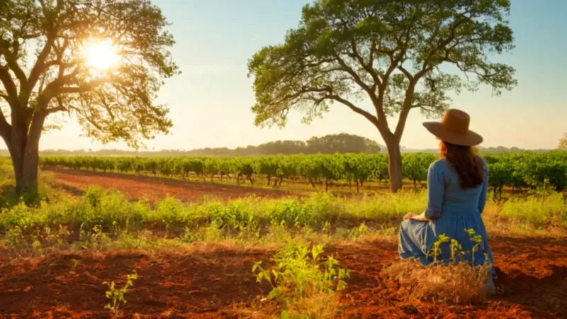 Agricultor cuidando el cultivo al atardecer