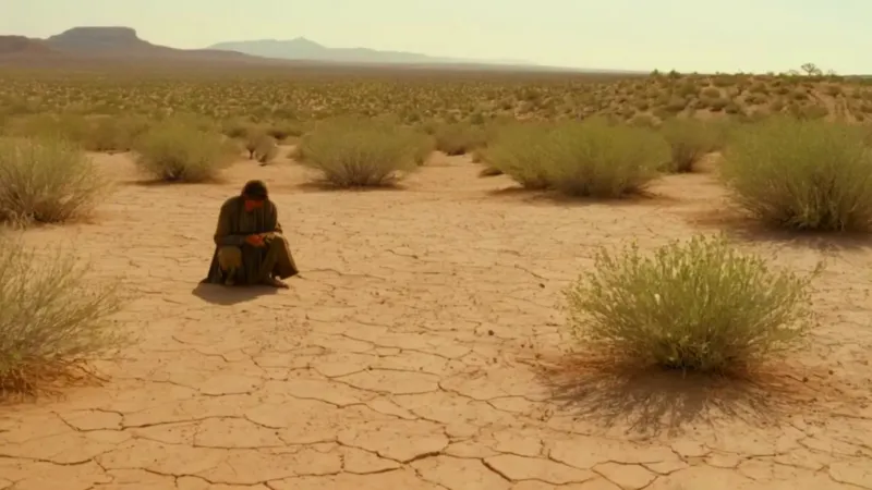 Figura solitaria alcanza flores en el desierto