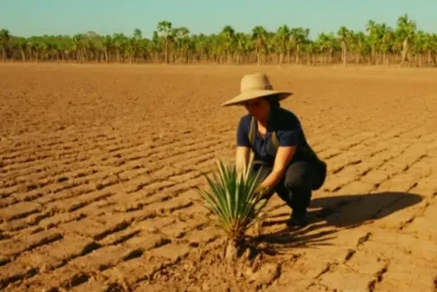 Cultivando palmeras en un campo árido