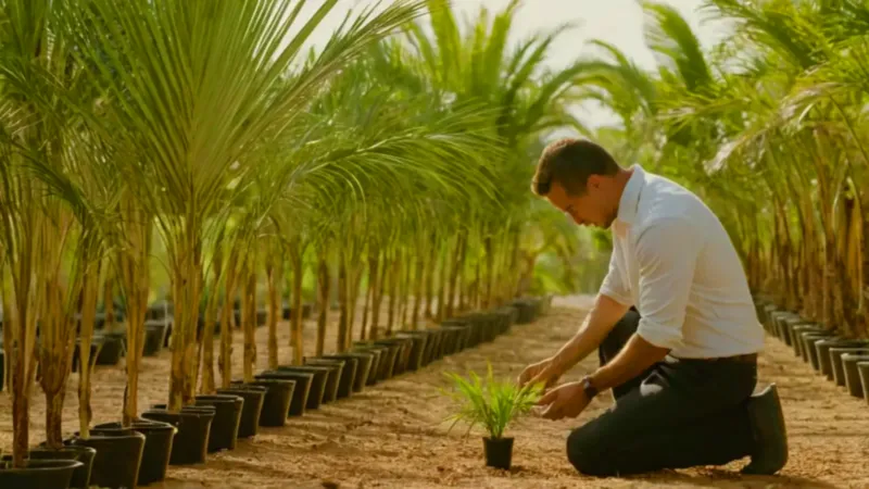 Hombre cuida palmeras en un vivero