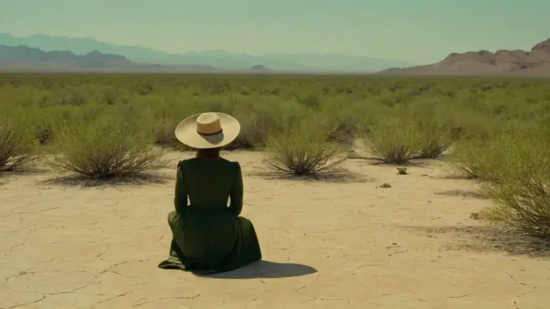 Figura arrodillada ante un agave en el desierto