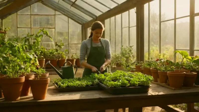 Una persona cultiva en un invernadero luminoso