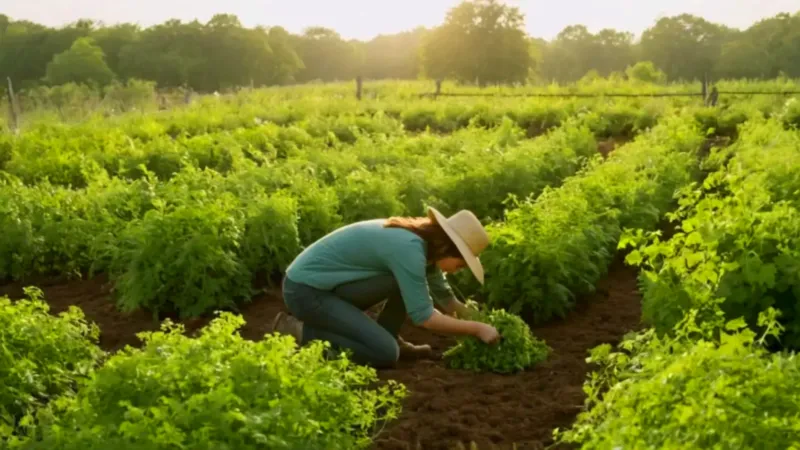 Alguien cosecha cilantro en un huerto