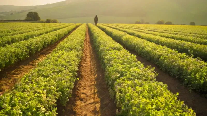Un campesino riega el campo soleado