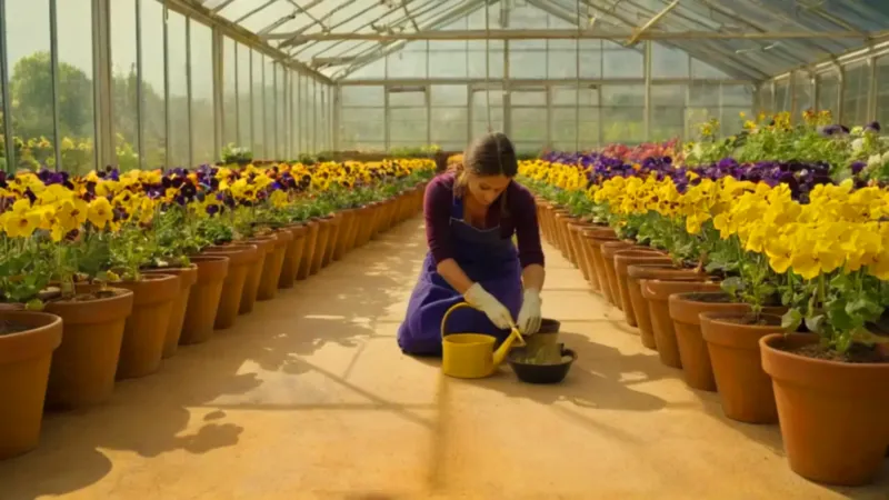 Alguien cuida flores en un invernadero