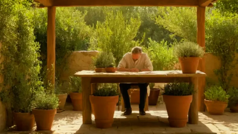 Cuidando plantas en un patio soleado