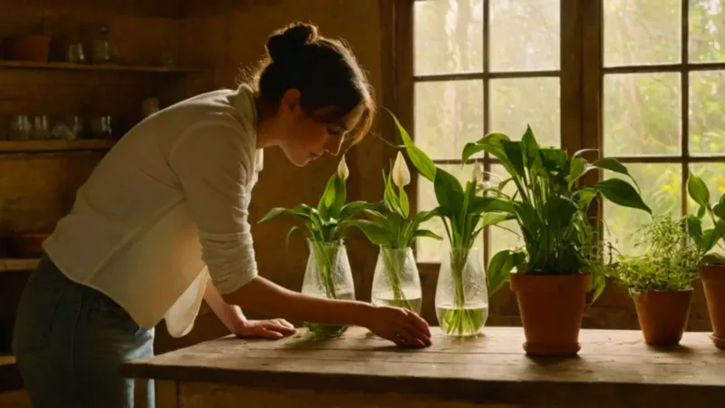 Persona riega plantas junto a la ventana