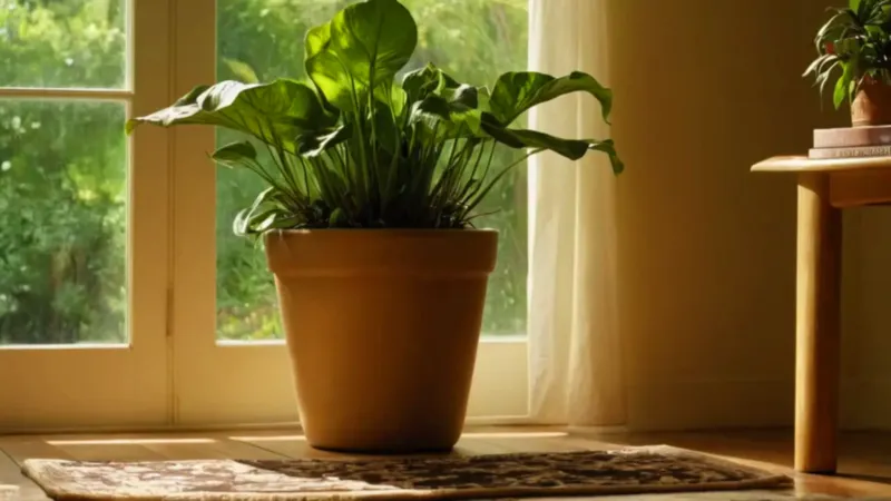 Alguien riega una planta junto a la ventana