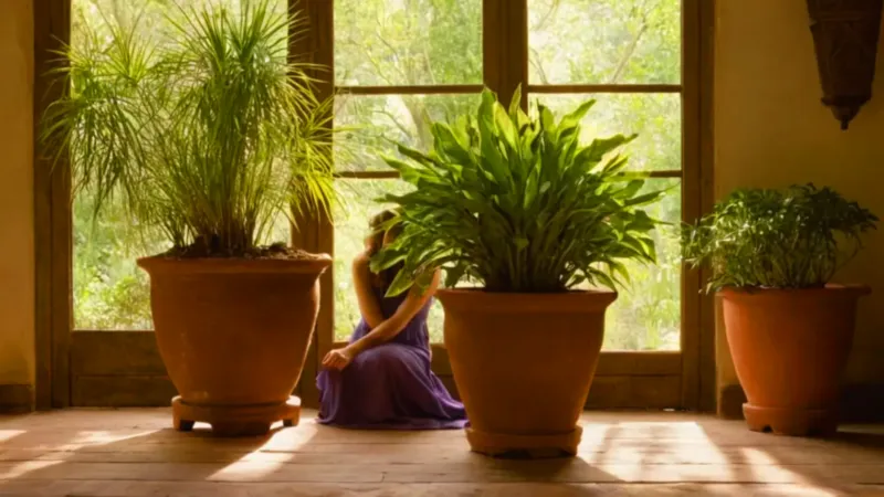 Persona arrodillada ante una planta iluminada