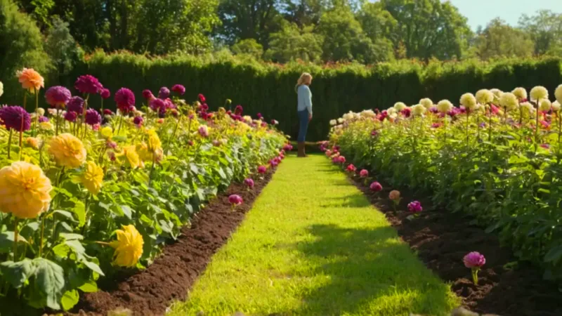 Una persona cuida dalias bajo el sol