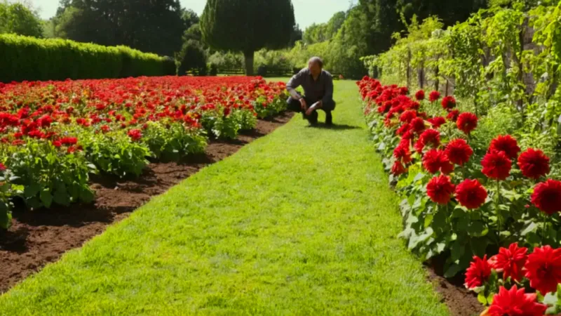 Una persona cuida dalias en el jardín