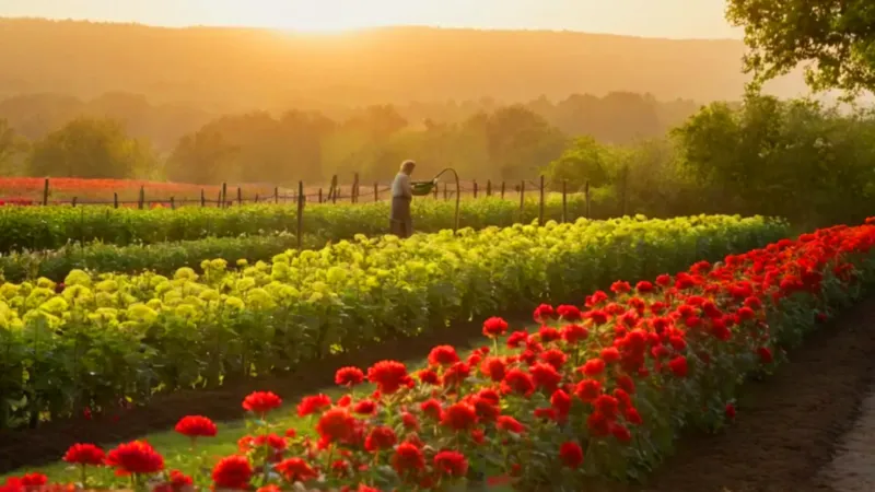 Jardinero trabajando en el jardín al atardecer