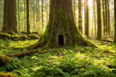 Figura toca flores iluminadas en el bosque