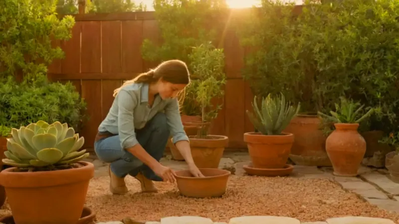 Persona cuidando plantas en un patio soleado