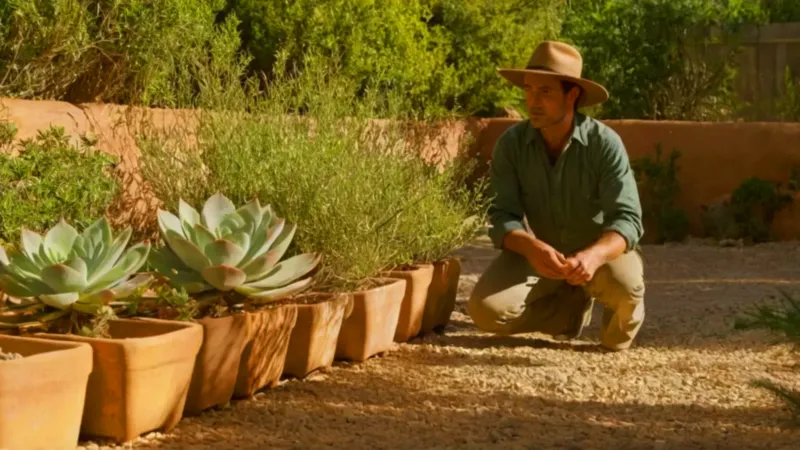 Jardinero cuida su jardín bajo el sol