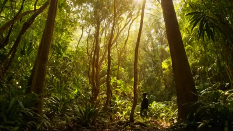 Una silueta cosecha fruta en la selva