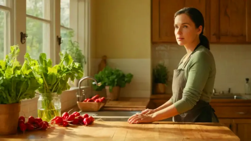 Mujer contempla rábanos frescos en la cocina