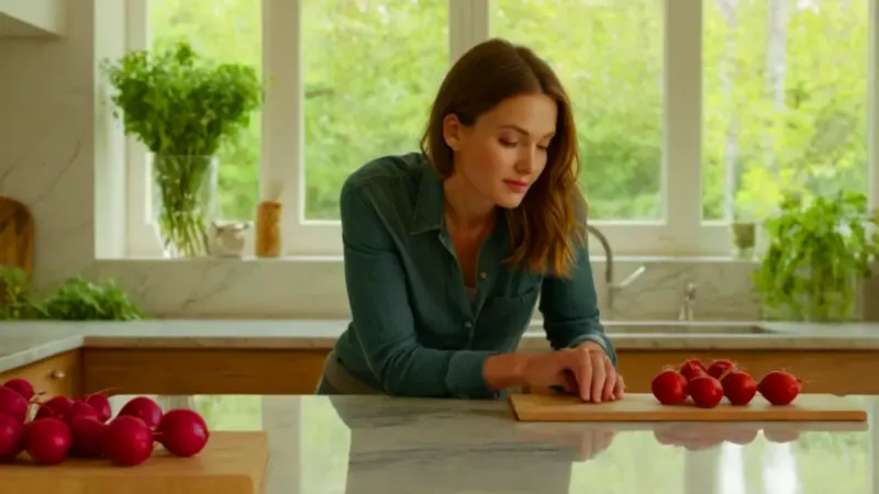 Mujer pensativa en una cocina iluminada