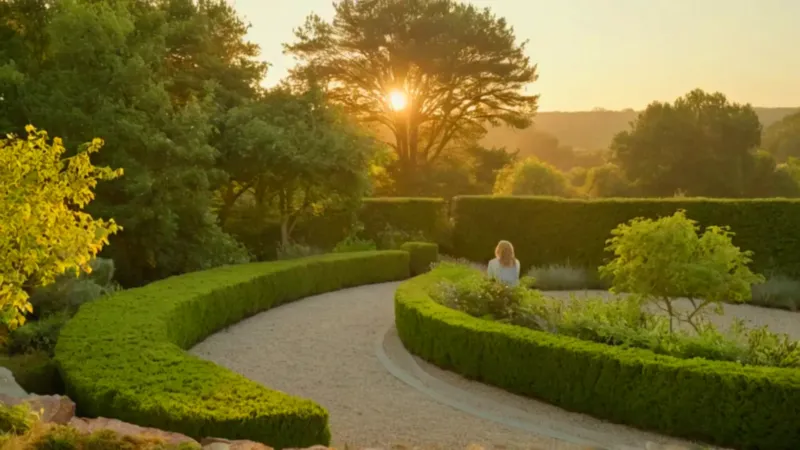 Mujer contempla su jardín en el atardecer